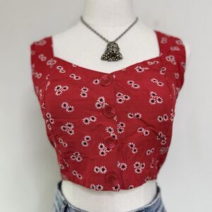 Bandana Red Ditsy Crop Tank Top Floral Cami Smocked Indie Boho Grunge 90s Y2K L